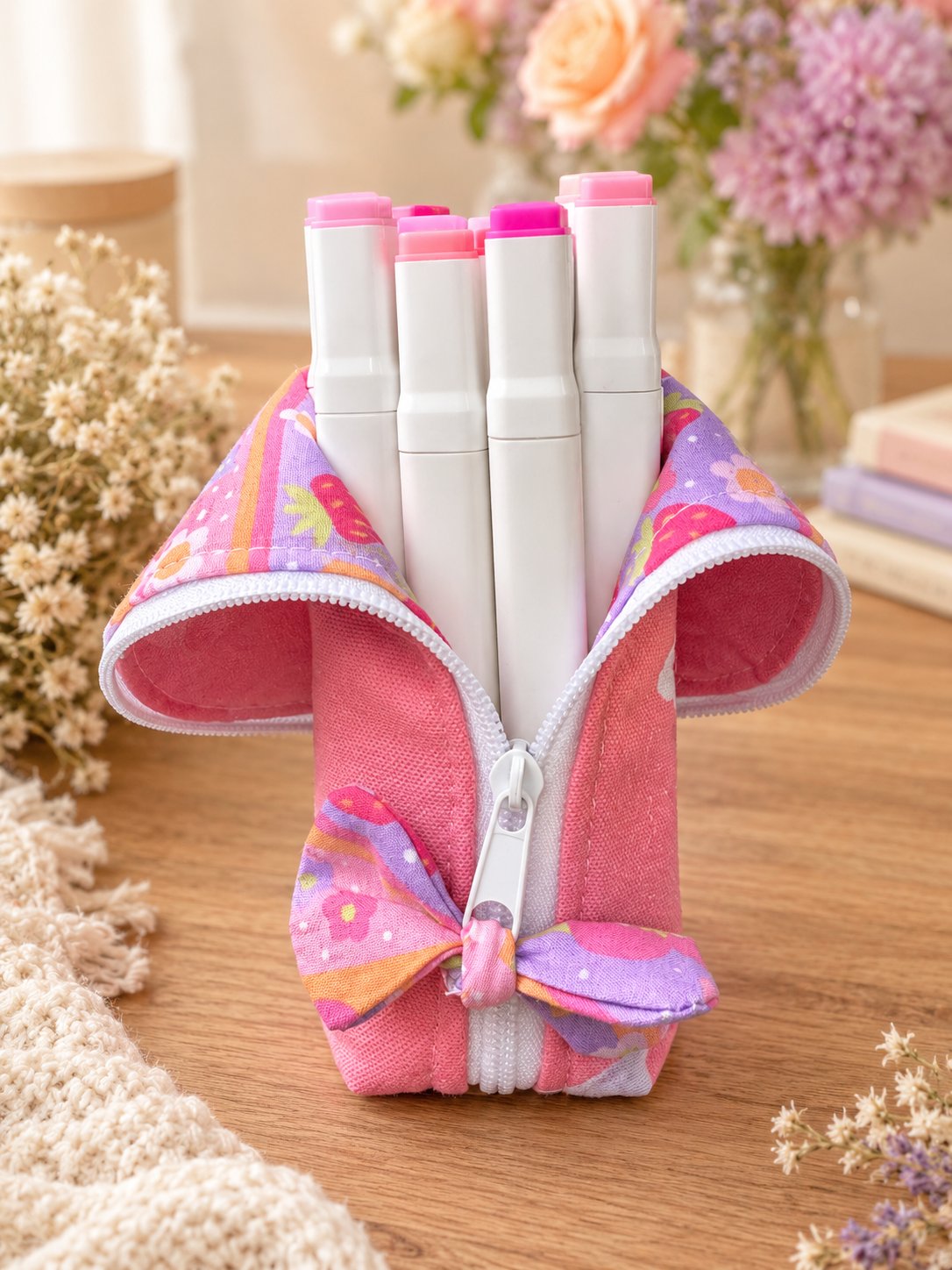 Cozy Pencil Pouch in a pink strawberry print, standing upright and holding alcohol markers