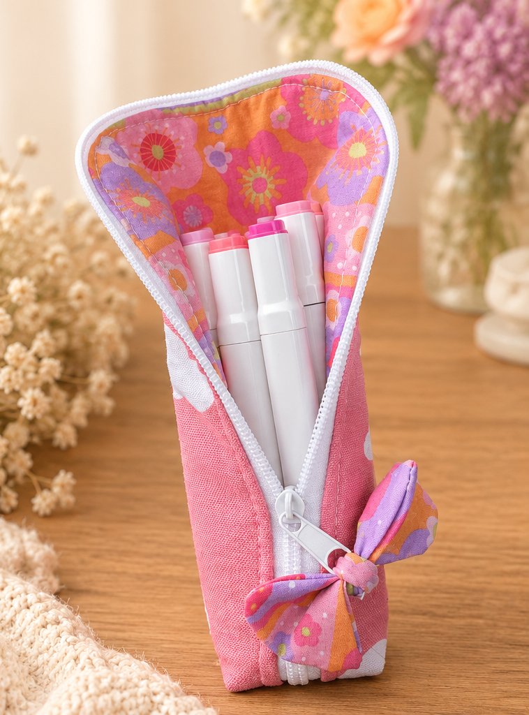 Cozy Pencil Pouch in a floral print, standing upright and holding alcohol markers